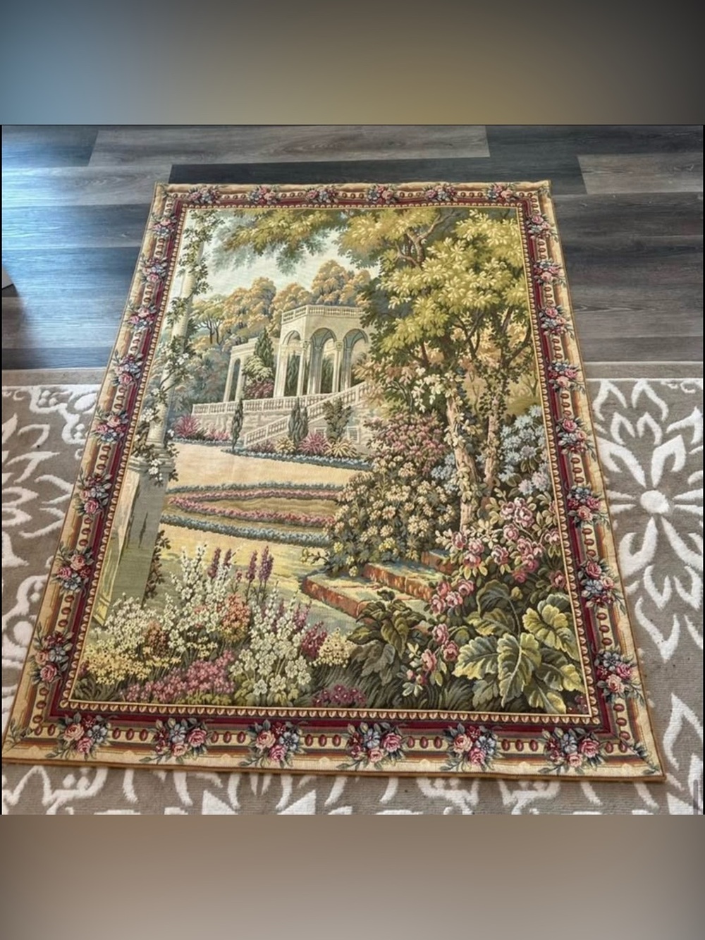 European Tapestry Art Border Formal Garden with Roses Wall Hanging ♥️5’2” x 3’9”